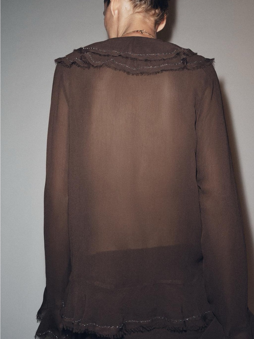Zara NWT ZW Collection Brown Romantic Victorian Beaded Ruffle Blouse (Size XS) - Picture 3 of 10